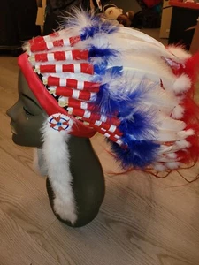 Vintage Native American Adult Red/Wht/Blue Beaded Feathered Headdress - Picture 1 of 11