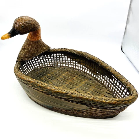 Vintage Wicker Duck Bird Shape Basket w Wooden Beak and Glass Eyes Large 14x8x9 Cover