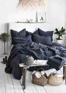 Linen Duvet Cover in Graphite Blue Washed Soft Anthracite Gray Blue Linen Quilt - Picture 1 of 8