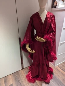 Vintage Burgundy Satin Robe With Fur Trim, Boudoir Dressing Gown XL To XXL - Picture 1 of 8