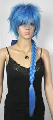 Peluca de pelo de anime cosplay coleta trenza larga azul claro + gorra Foto 1 de 4