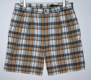 Greg Norman braun hellbraun kariert Chino Golfshorts Größe 34 plissiert vorne 100 % Baumwolle - Bild 1 von 8