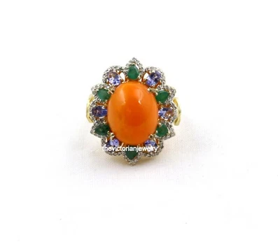 Anillo de plata maciza 925 con diamantes de corte único esmeralda de tanzanita ópalo de fuego blanco Foto 1 de 4