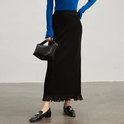 Falda midi de lana para mujer nueva cintura alta borlas lana cálida línea A faldas tejidas Foto 1 de 4