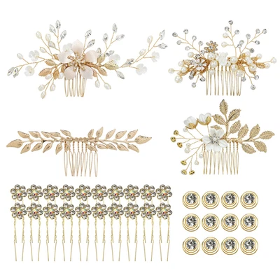36 Pack Gold Flower Leaf Bridal Wedding Hair Side Combs+U-shaped Flower Hair ... - Image 1 of 4