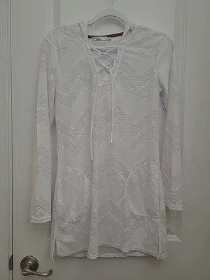 Túnica de natação feminina prAna Alexia tamanho P branca crochê bolsos de manga comprida - Imagem 1 de 4