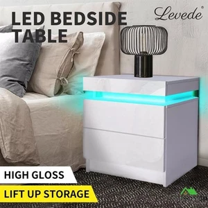 Levede Bedside Tables Side Table 2 Drawers RGB LED High Gloss Nightstand Cabinet - Picture 1 of 12
