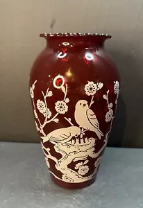 Vintage 1950's Anchor Hocking Royal Ruby Red Glass Vase Blossoms & Birds - Picture 1 of 8