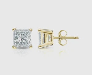 14K Yellow Gold Women Stud Earrings 1.50 Carat Lab Created Princess Cut Diamond - Picture 1 of 6