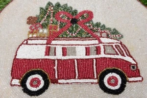 Beaded Christmas Table Mat Holiday Van with Gifts & Tree, Festive VW Bus Design - Picture 1 of 3