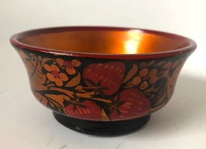 Russian Khokhloma Hand Painted Lacquered Wooden Bowl 2"H x 4" in Diameter - Picture 1 of 5
