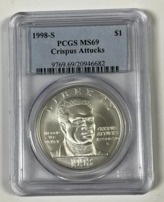 1998 S Crispus Attucks Commemorative Silver Dollar PCGS MS69 - Image 1 of 4