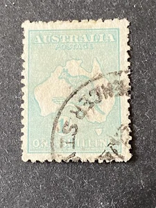AUSTRALIA, SCOTT # 10, 1/- AZUL VERDE 1913 EDICIÓN CANGURO/MAPA USADO - Imagen 1 de 2