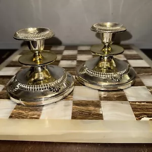 Set of 2 Vintage Polished Silver Plated Candle Holders W/ Gold Accent 4” - Picture 1 of 7