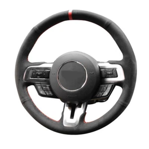 All Black Suede Leather Steering Wheel Red Stitch-on Wrap Cover For Ford Mustang - Picture 1 of 12