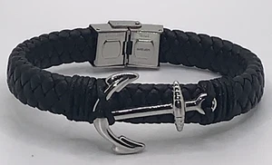 Surf Style Edelstahl Anker geflochten schwarz Lederarmband - Bild 1 von 1