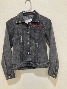 Vintage Ed Hardy Gray Denim Jean Jacket  Sz youth L 12/14 Design On Back, Rocker - Picture 1 of 3