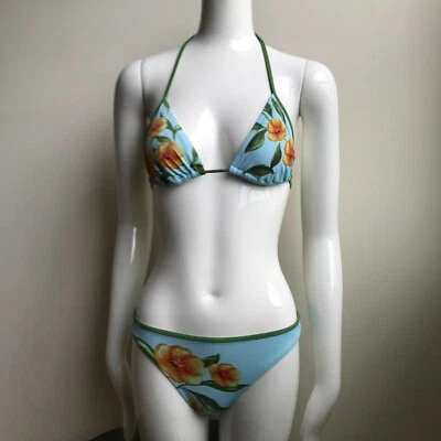 Billabong BLUE CRUSH Era Vintage Azul y Verde Floral Triángulo Set RARO Foto 1 de 4