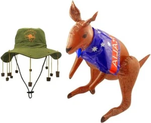 New Adult Australian Corks Hat & Inflatables Kangaroo 70cm Set Fancy Dress Party - Picture 1 of 18