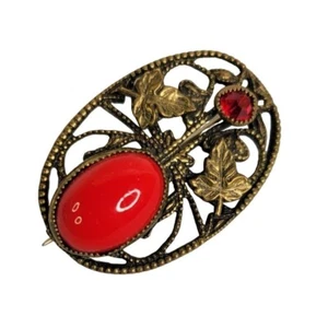 Broche/alfiler ovalado disfraz filigrana de latón vintage redondo cristal rojo cabujón ovalado - Imagen 1 de 12