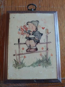 Vintage Hummel  Boy Sitting On Fence with flowers & bird  wood plaque 7" X 5" - Picture 1 of 2