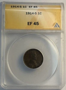 1914 S 1C Lincoln centesimo di grano ANACS EF 45 (511.165) - Foto 1 di 4
