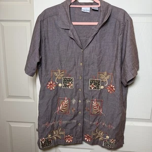 Vintage Bobbie Brooks Button Down Shirt Embroidered Flowers Animal Print 26/28W - Picture 1 of 9