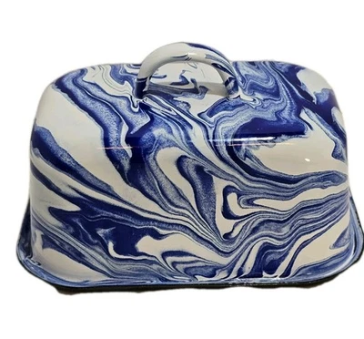 💙 Винтажное стильное сине-белое эмалированное блюдо с маслом ТОЛЬКО КРЫШКА — мраморное завиток  - Изображение 1 из 4