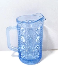 Federal Glass Blue Milk Pitcher Windsor Clear Button and Cane Vintage - Picture 1 of 7