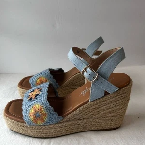 Jellypop Crochet Espadrille Wedge Sandals Light Blue Ankle Strap Square Toe 7.5 - Picture 1 of 10