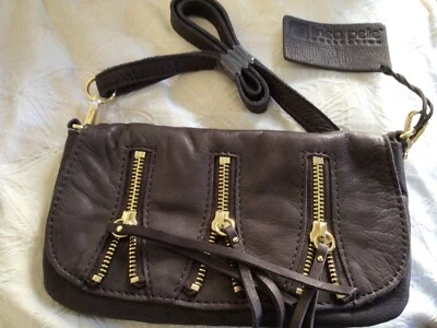 Linea Pelle NUEVO Bolso Bandolera Italiano Cuero Monedero con Cremalleras Doradas Marrón Oscuro Foto 1 de 4