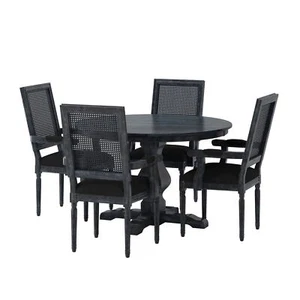 Joretta French Country Fabric Upholstered Wood and Cane 5 Piece Circular Dining - Picture 1 of 62