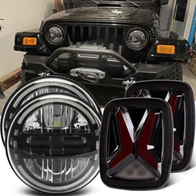 7" Halo LED Round Headlights &Rear Smoke Led Tail Lights For Jeep Wrangler TJ CJ - Image 1 of 4