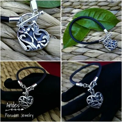 Pulsera de goma peruana 950 hecha a mano con dije de plata quemada en forma de corazón 6,5 pulgadas Foto 1 de 4