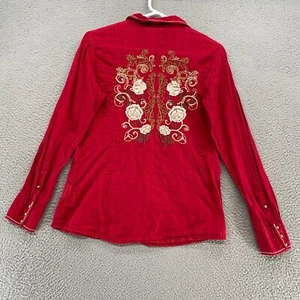 Ariat Embroidered Top Womens Medium Pearl Snap Long Sleeve Western Red Fitted - Picture 1 of 14