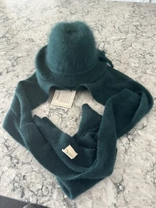 Field Manor Vintage New Womens Angora Wool Blend Hat Scarf Green Made in Italy - Picture 1 of 9
