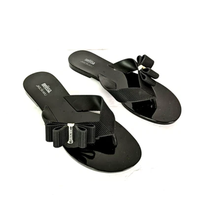 Melissa + Jason Wu Flip Flop Shoe Sandal Black Rubber Women Size 10 Bow Thong - Image 1 of 4