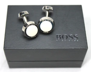 Hugo Boss Cufflinks Enamel Easy Fit Wedding Party Logo Silver Ivory Designer - Bild 1 von 8