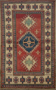 Handcrafted Artisan Kazak Accent Rug 4x5 Handmade Wool with Symmetrical Design - Picture 1 of 19