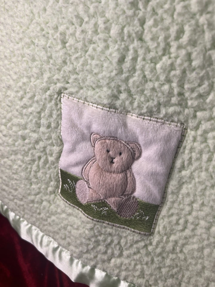 Beansprout Green Satin Sherpa Baby Blanket 30x40 Embroidered Bear Fleece Mint - Image 1 of 4