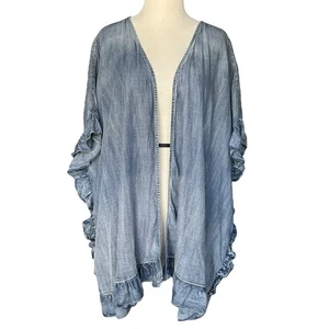 Cárdigan Plumero Caballete Boho Coachella Cambray Denim Azul Volantes Kimono Talla S - Imagen 1 de 9