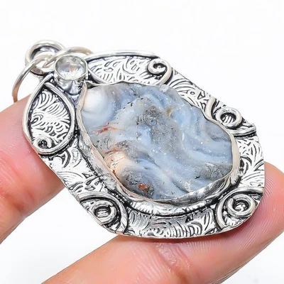 Ciondolo in argento sterling 925 con pietra preziosa topazio bianco druso ros... - Immagine 1 di 4