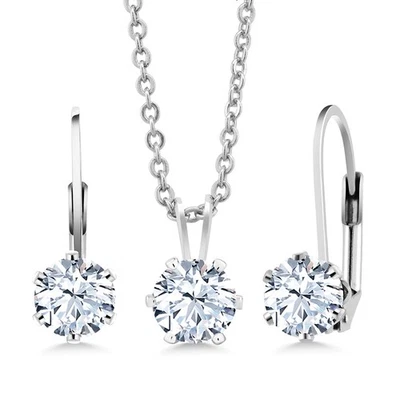 Round White Created Sapphire Rhodium Plated Pendant Earrings Set With Chain - Image 1 of 2