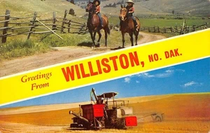 Banner Greetings WILLISTON North Dakota Cowboys, Farming 1950s Vintage Postcard - Picture 1 of 2