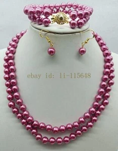 Beautiful Shining 2 Row 8mm RoseRed Round Shell Pearl Jewelry Set 7.5/17-19" - Picture 1 of 1