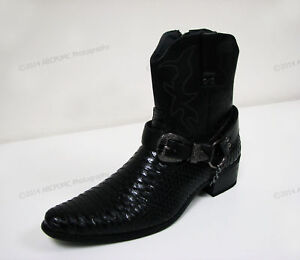 Brand New Mens Cowboy Boots Western Snake Skin Print Zippper Buckle Harness Shoe