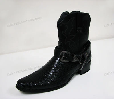Brand New Mens Cowboy Boots Western Snake Skin Print Zippper Buckle Harness Shoe - Image 1 of 4