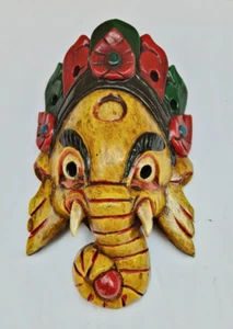 Hindu God Ganesh Wooden handpainted Mask Wall Hanging Handmade in Nepal 9 " - Picture 1 of 10