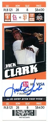 Boleto autografiado Jack Clark 8/07/18 Gigantes vs Cardenales Beckett certificado de autenticidad Foto 1 de 2