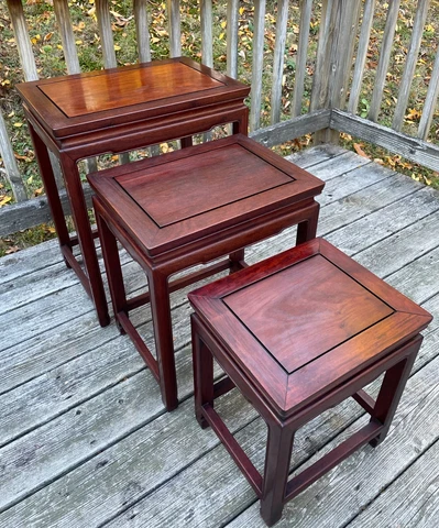 Vtg Asian Chinese Style Set of 3 Nesting Nested Side Tables Solid Wood Cover